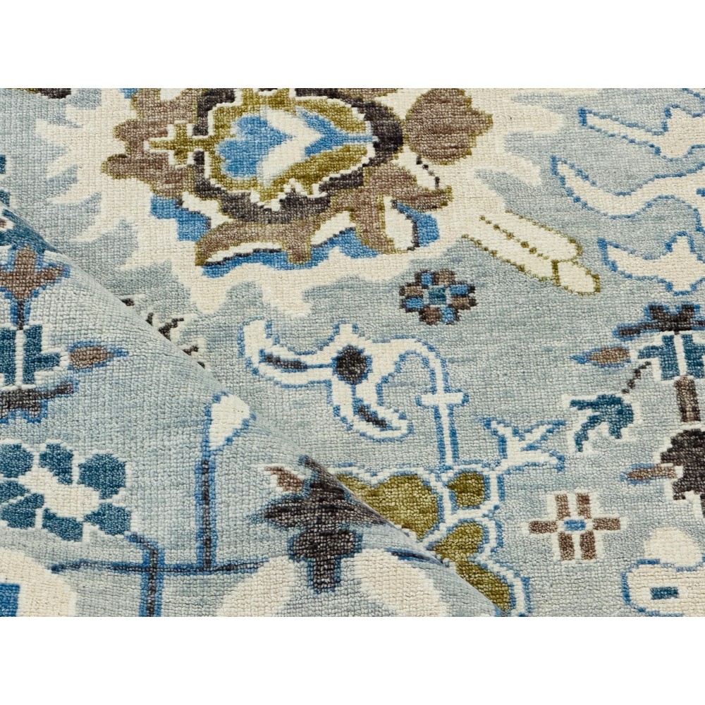 Handmade Oushak Wool Area Rug for Living Room, Handknotted Blue Floral Design Carpet