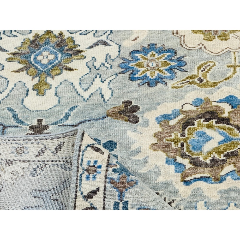 Handmade Oushak Wool Area Rug for Living Room, Handknotted Blue Floral Design Carpet