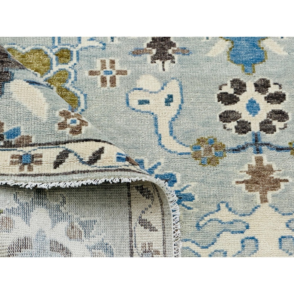 Handmade Oushak Wool Area Rug for Living Room, Handknotted Blue Floral Design Carpet