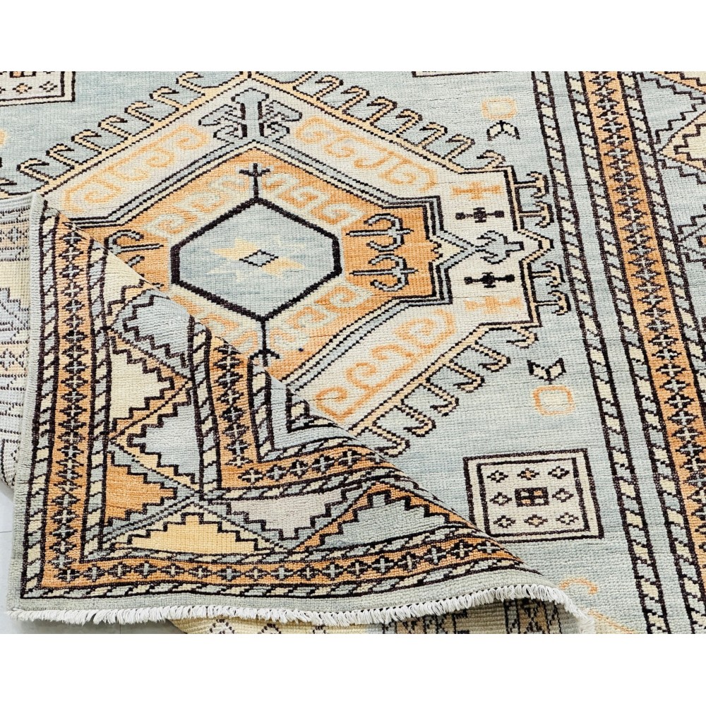 Decorative Wool Area Rug with Geometric Medallion Design. Hand-knotted Oushak Carpet
