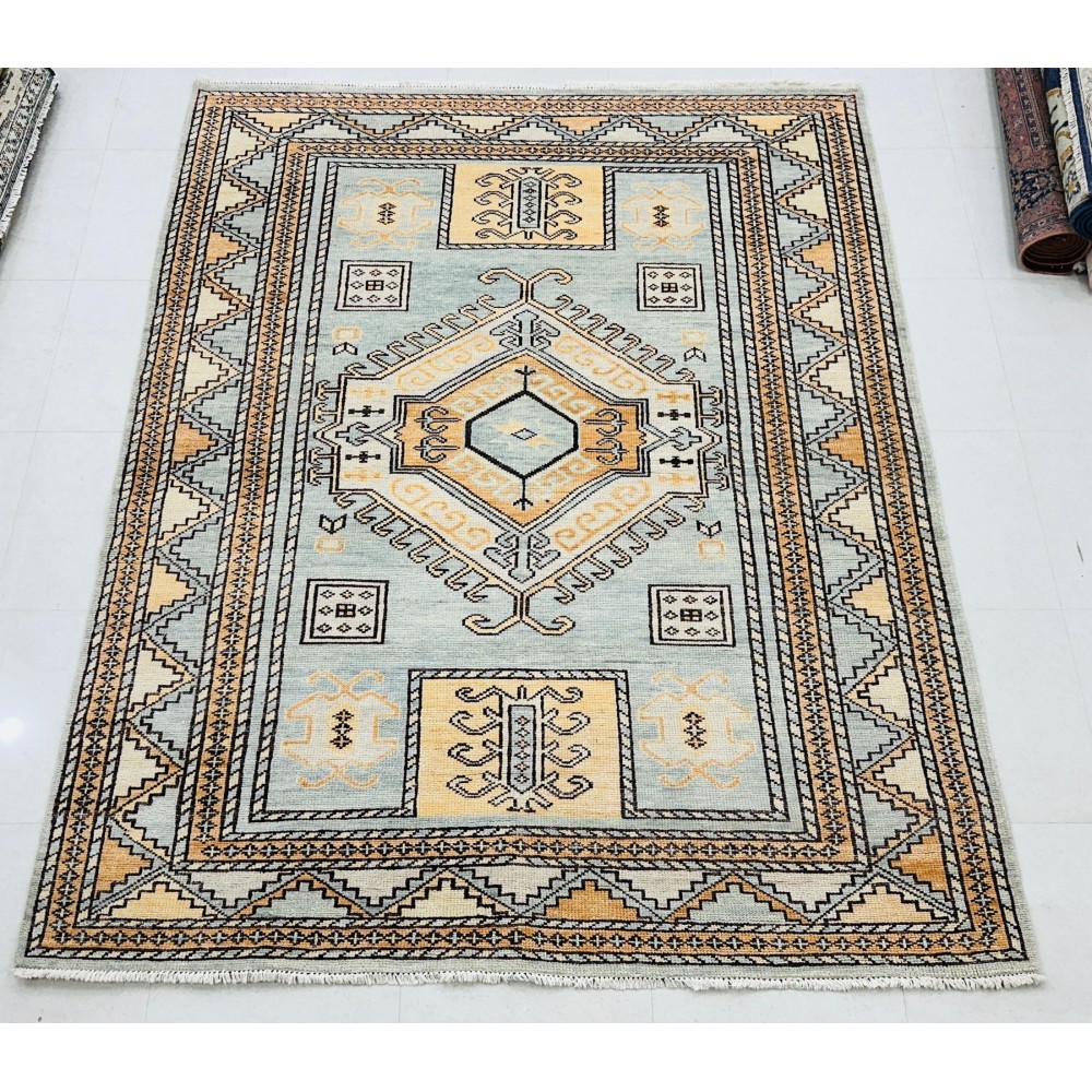 Decorative Wool Area Rug with Geometric Medallion Design. Hand-knotted Oushak Carpet