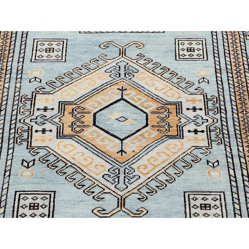 Decorative Wool Area Rug with Geometric Medallion Design. Hand-knotted Oushak Carpet