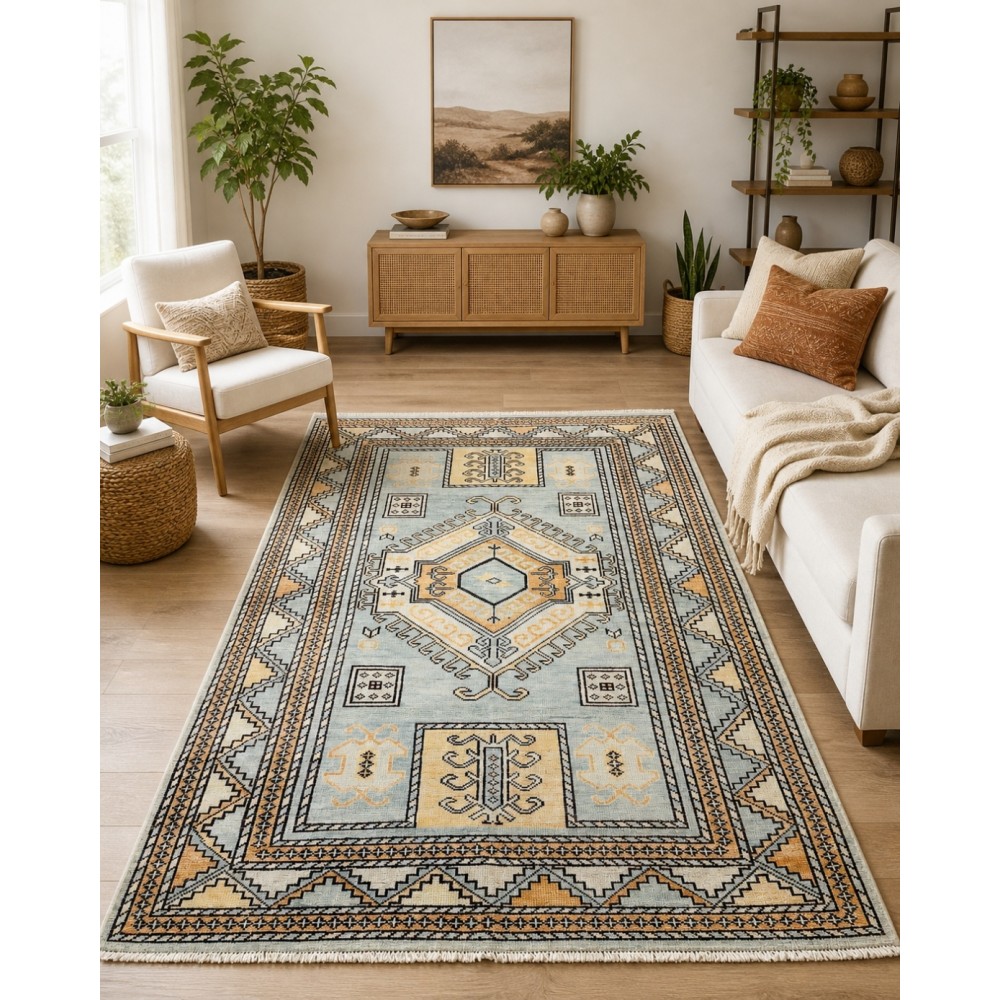 Decorative Wool Area Rug with Geometric Medallion Design. Hand-knotted Oushak Carpet