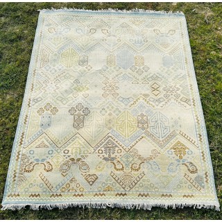 Decorative Oushak Wool Area Rug with Geometric Design. Hand-knotted Beige Carpet