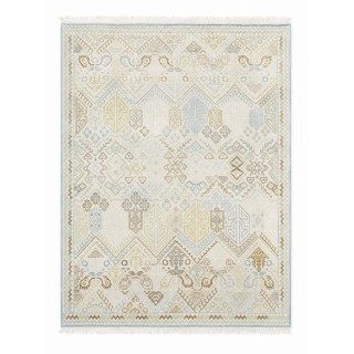 Decorative Oushak Wool Area Rug with Geometric Design. Hand-knotted Beige Carpet