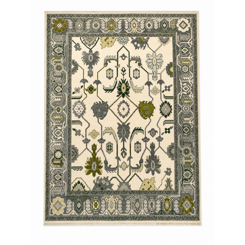 Hand-Knotted Oushak Wool Area Rug, Ivory, Green Floral Design Carpet for Living Room