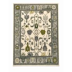 Hand-Knotted Oushak Wool Area Rug, Ivory, Green Floral Design Carpet for Living Room