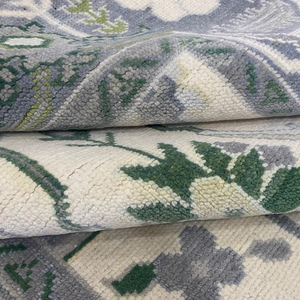 Hand-Knotted Oushak Wool Area Rug, Ivory, Green Floral Design Carpet for Living Room