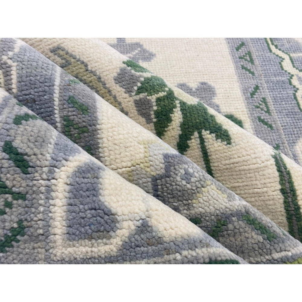 Hand-Knotted Oushak Wool Area Rug, Ivory, Green Floral Design Carpet for Living Room