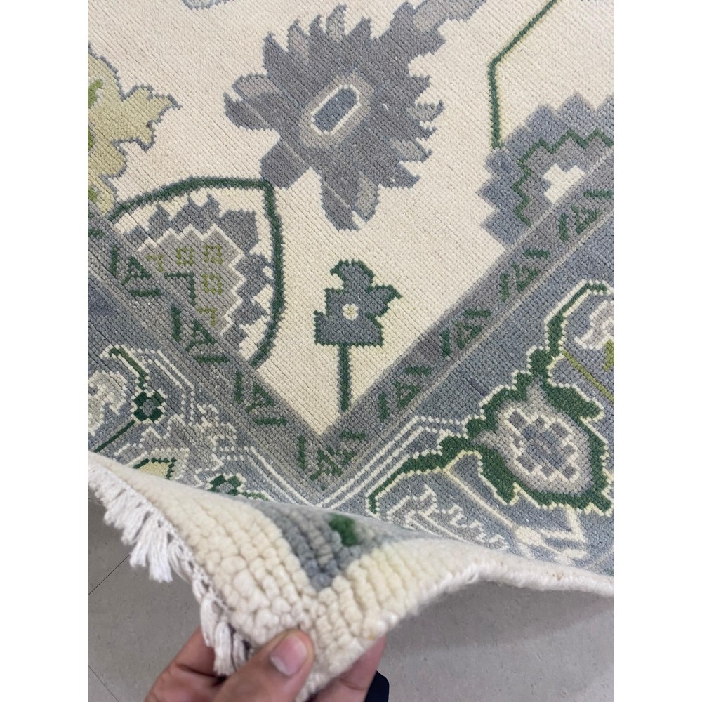 Hand-Knotted Oushak Wool Area Rug, Ivory, Green Floral Design Carpet for Living Room