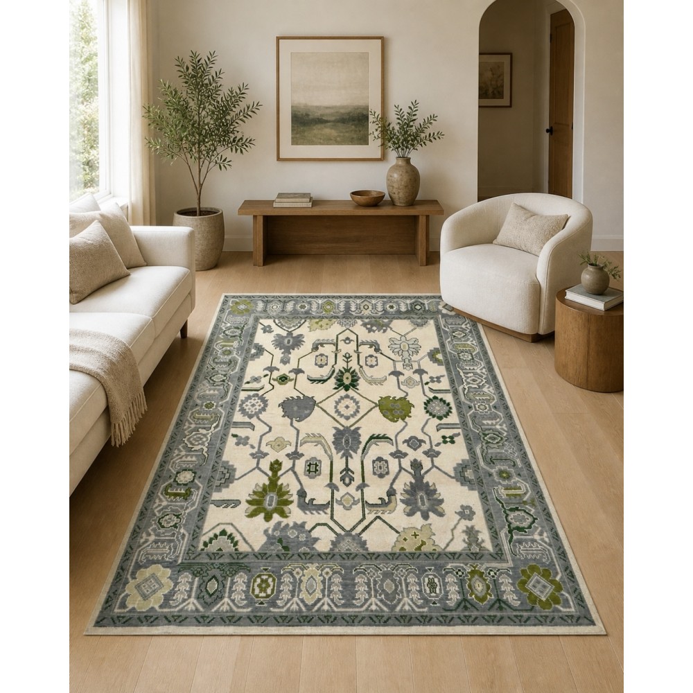 Hand-Knotted Oushak Wool Area Rug, Ivory, Green Floral Design Carpet for Living Room