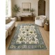 Hand-Knotted Oushak Wool Area Rug, Ivory, Green Floral Design Carpet for Living Room