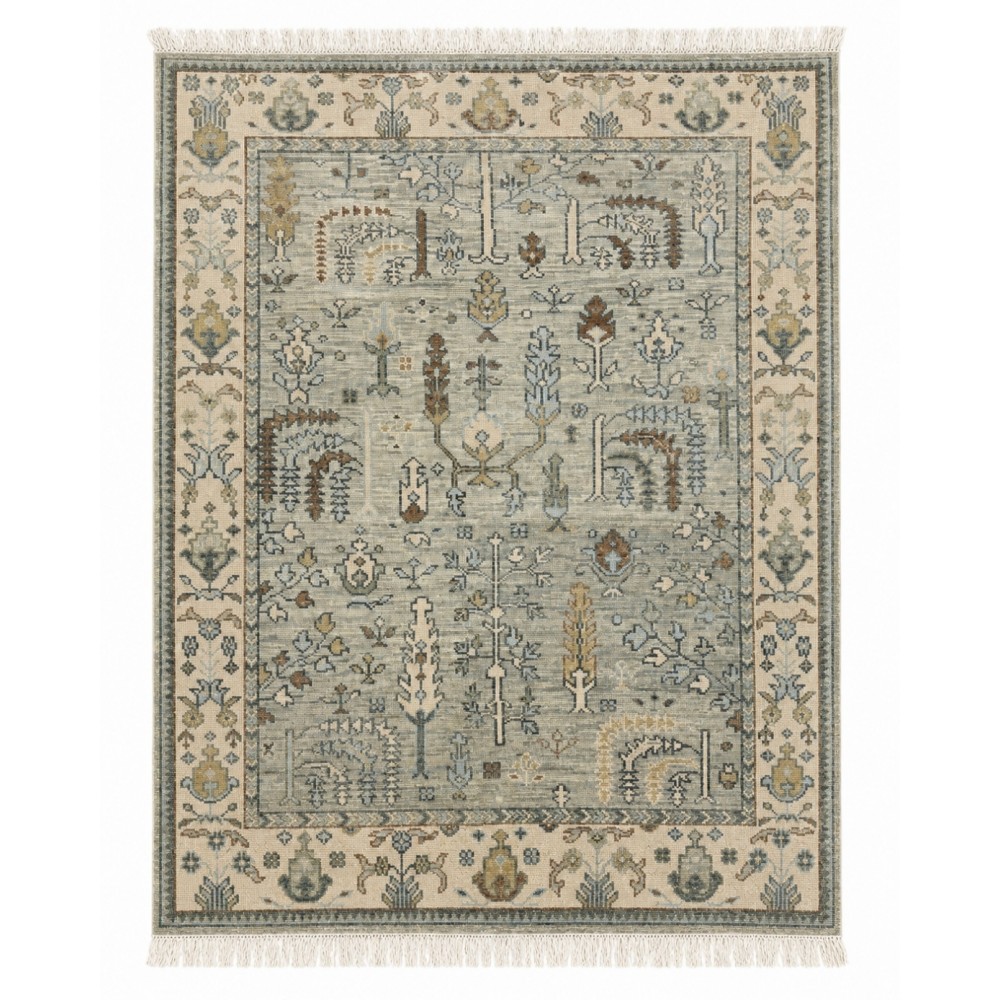 Modern Oushak Wool Area Rug for Living Room, Hand Knotted Sage Green Floral Design Carpet