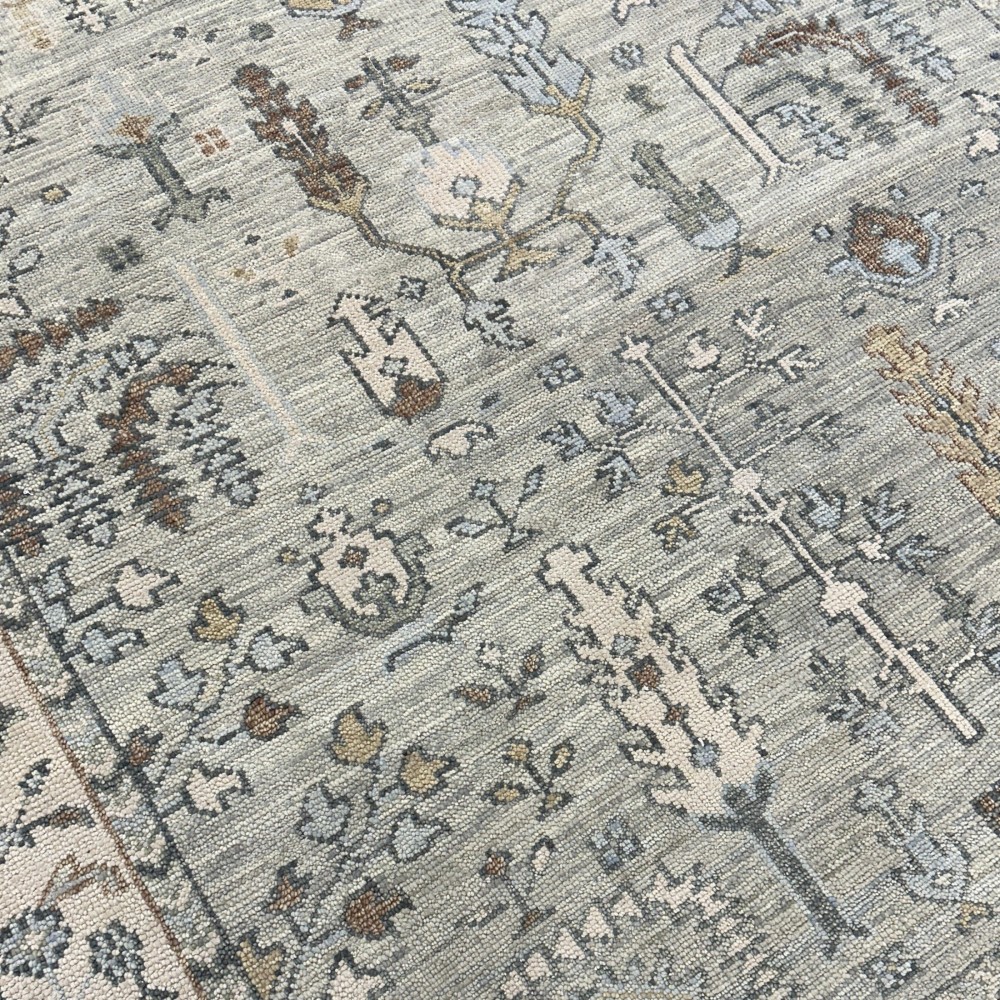 Modern Oushak Wool Area Rug for Living Room, Hand Knotted Sage Green Floral Design Carpet