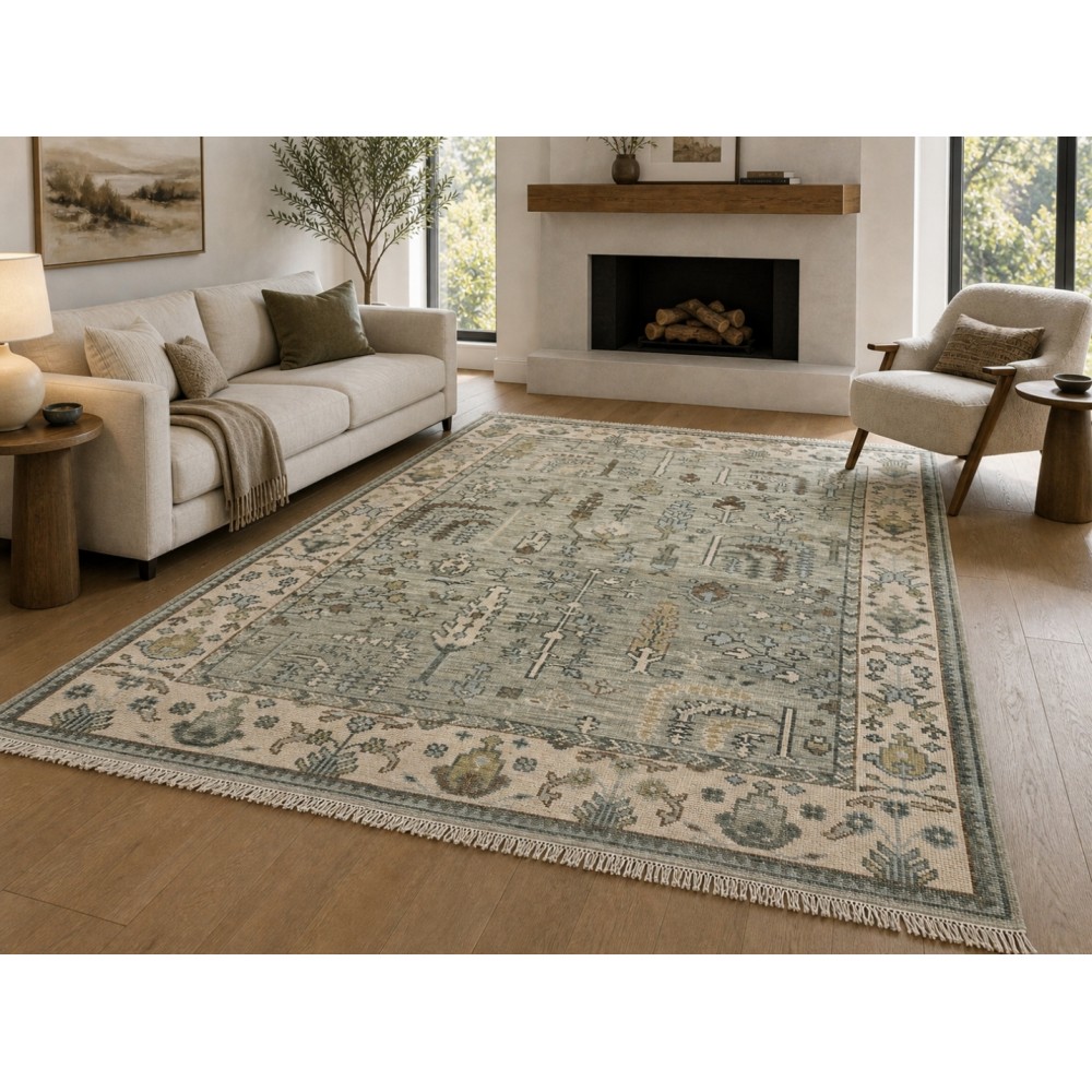 Modern Oushak Wool Area Rug for Living Room, Hand Knotted Sage Green Floral Design Carpet
