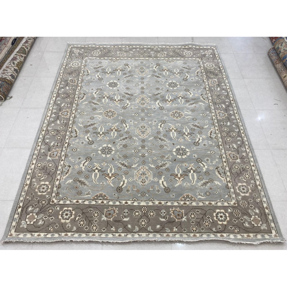Hand-Knotted Oushak Wool Area Rug for Living Room, Blue Floral Design Contemporary Carpet