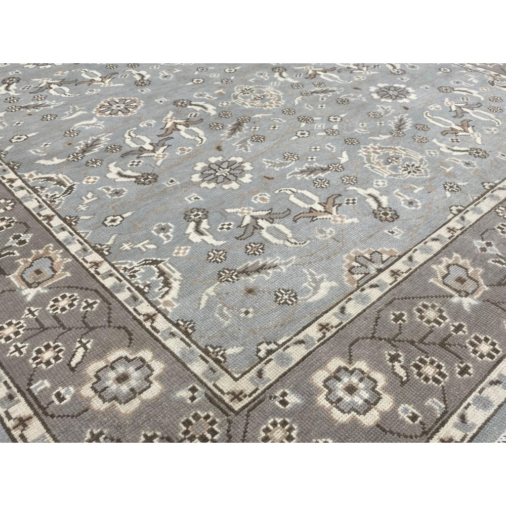 Hand-Knotted Oushak Wool Area Rug for Living Room, Blue Floral Design Contemporary Carpet