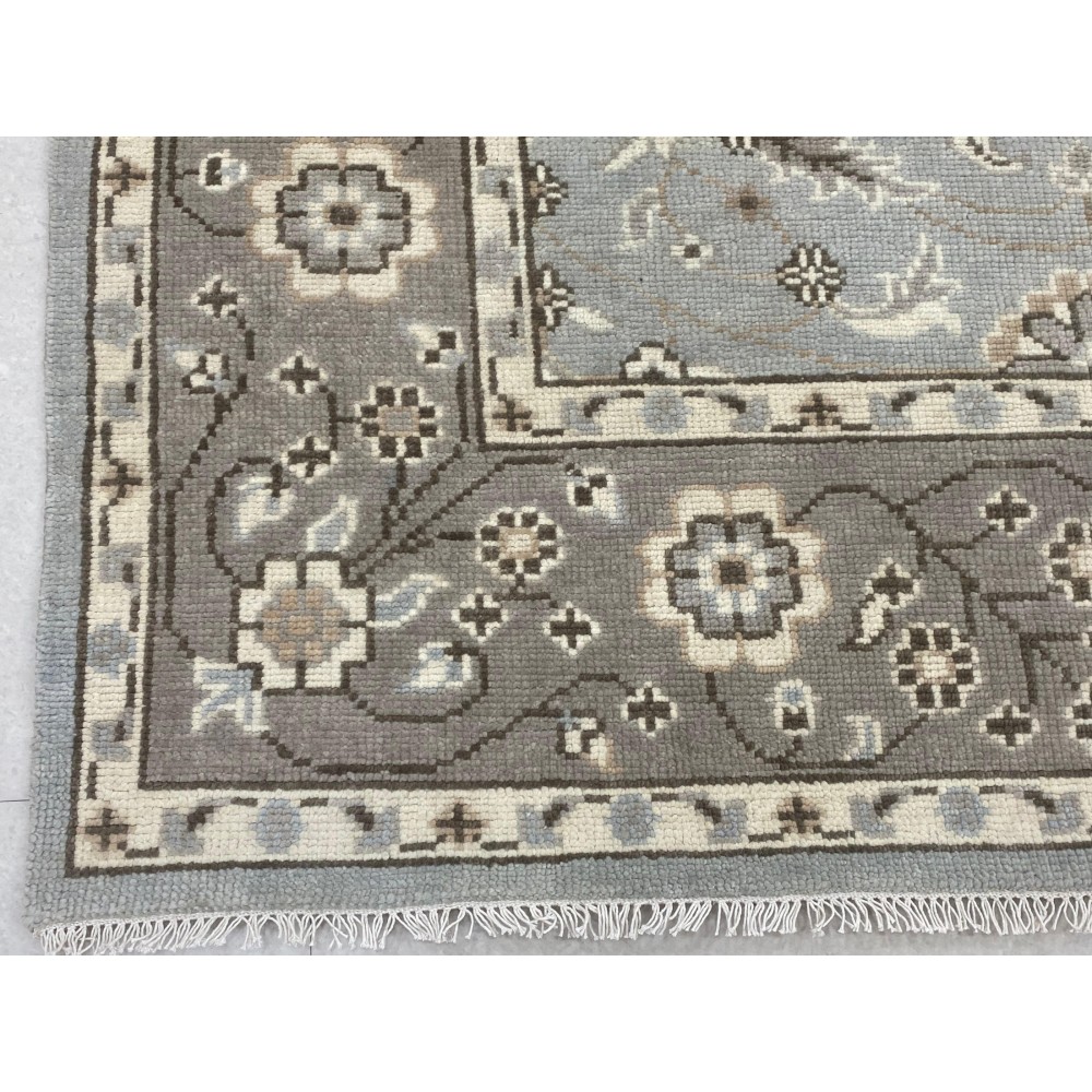 Hand-Knotted Oushak Wool Area Rug for Living Room, Blue Floral Design Contemporary Carpet