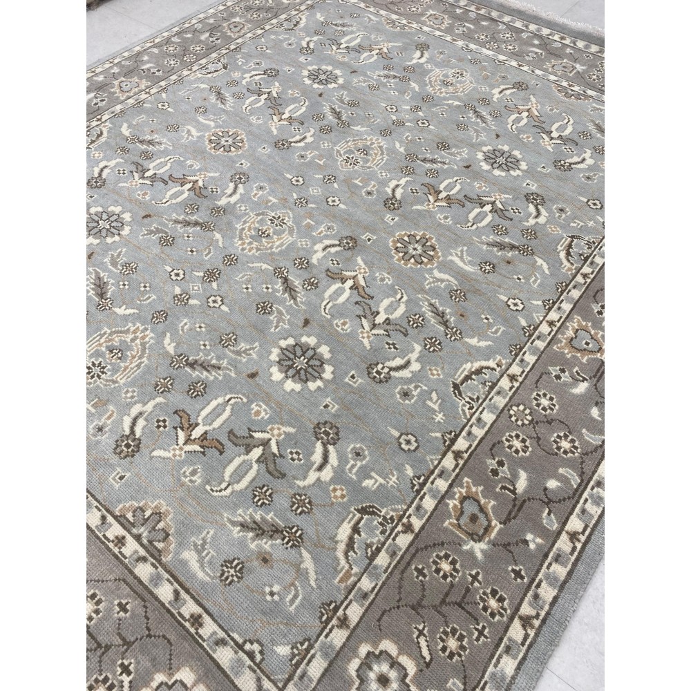 Hand-Knotted Oushak Wool Area Rug for Living Room, Blue Floral Design Contemporary Carpet