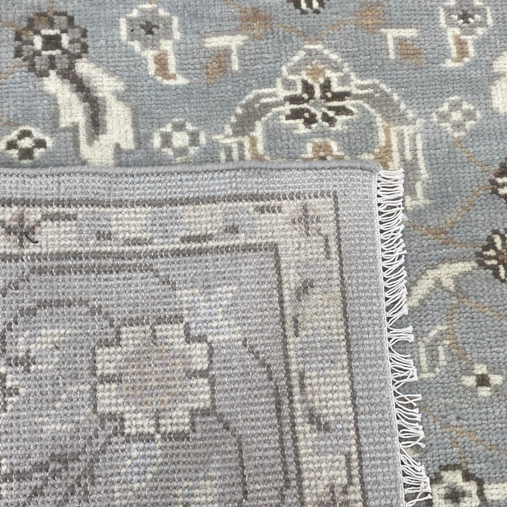 Hand-Knotted Oushak Wool Area Rug for Living Room, Blue Floral Design Contemporary Carpet