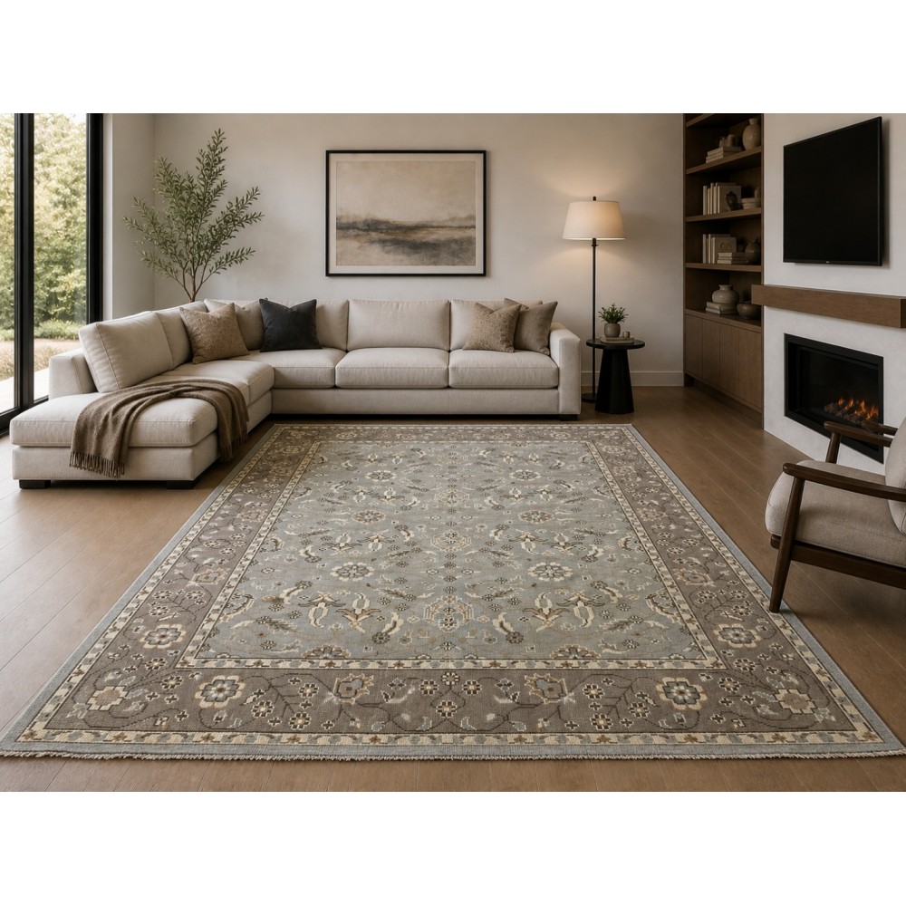 Hand-Knotted Oushak Wool Area Rug for Living Room, Blue Floral Design Contemporary Carpet