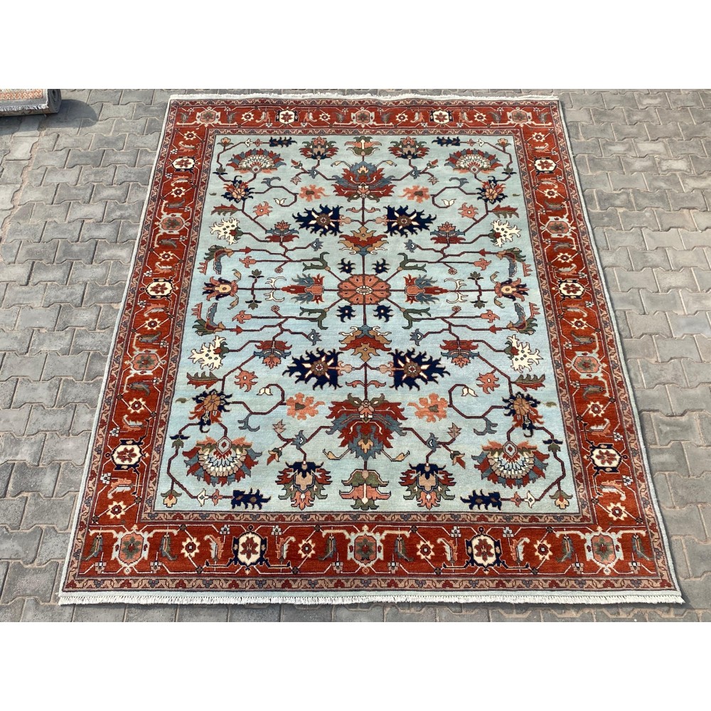 Hand-Knotted Oushak Wool Area Rug for Living Room, Blue Floral Design Contemporary Carpet Hand-Knotted Oushak Wool Area Rug for Living Room, Blue Floral Design Contemporary Carpet