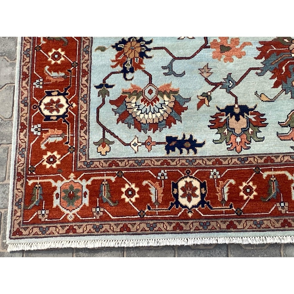 Hand-Knotted Oushak Wool Area Rug for Living Room, Blue Floral Design Contemporary Carpet Hand-Knotted Oushak Wool Area Rug for Living Room, Blue Floral Design Contemporary Carpet