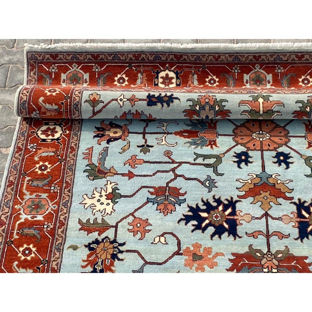 Hand-Knotted Oushak Wool Area Rug for Living Room, Blue Floral Design Contemporary Carpet Hand-Knotted Oushak Wool Area Rug for Living Room, Blue Floral Design Contemporary Carpet