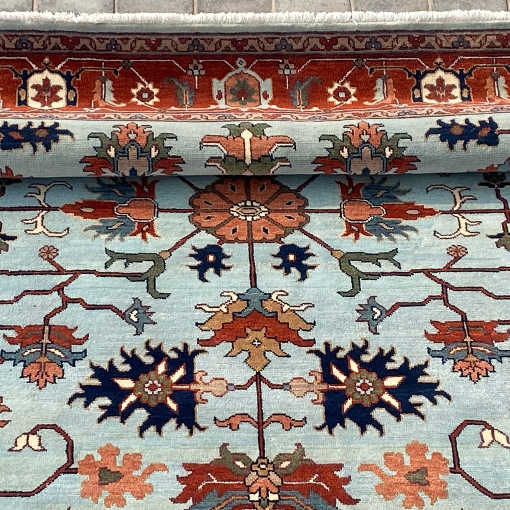Hand-Knotted Oushak Wool Area Rug for Living Room, Blue Floral Design Contemporary Carpet Hand-Knotted Oushak Wool Area Rug for Living Room, Blue Floral Design Contemporary Carpet
