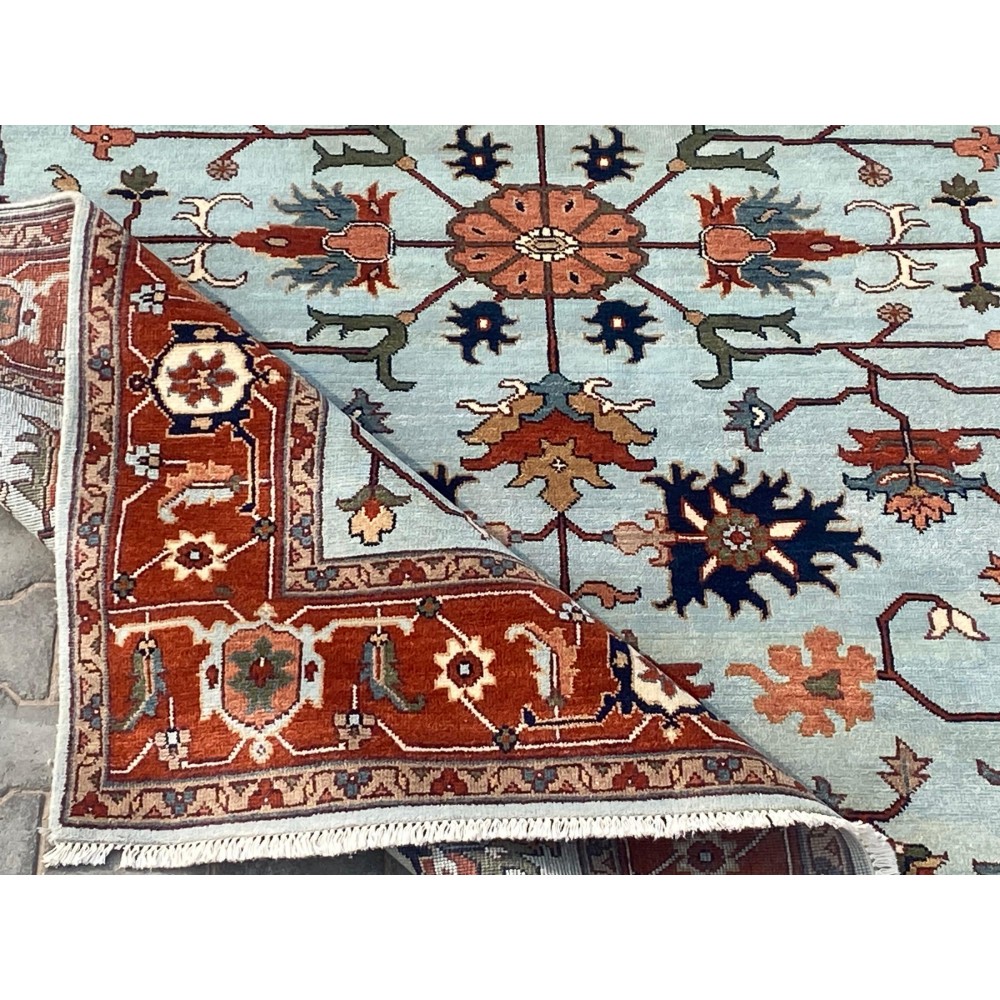 Hand-Knotted Oushak Wool Area Rug for Living Room, Blue Floral Design Contemporary Carpet Hand-Knotted Oushak Wool Area Rug for Living Room, Blue Floral Design Contemporary Carpet