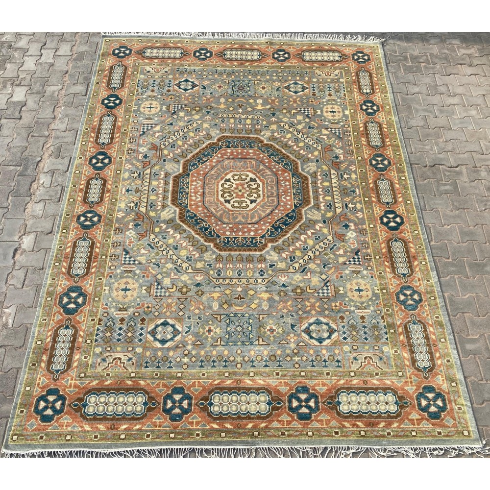 Hand-Knotted Wool Area Rug with Geometric Medallion Design. Handmade Living Room Carpet