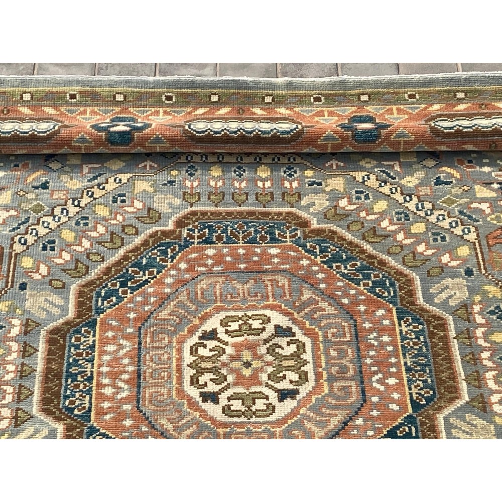 Hand-Knotted Wool Area Rug with Geometric Medallion Design. Handmade Living Room Carpet