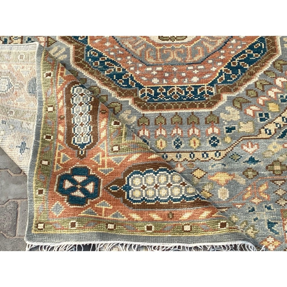 Hand-Knotted Wool Area Rug with Geometric Medallion Design. Handmade Living Room Carpet