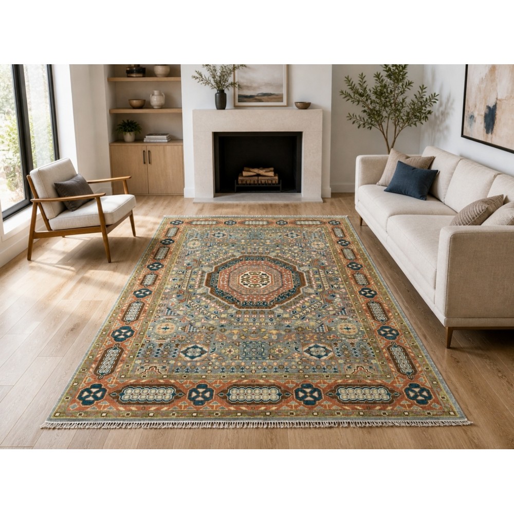 Hand-Knotted Wool Area Rug with Geometric Medallion Design. Handmade Living Room Carpet