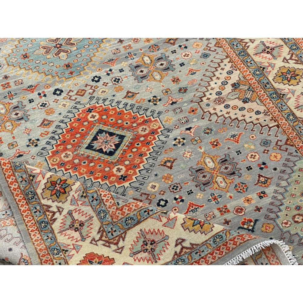 Modern Hand-Knotted Wool Area Rug for Living Room, Blue Geometric Medallion Design Carpet