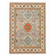 Modern Hand-Knotted Wool Area Rug for Living Room, Blue Geometric Medallion Design Carpet