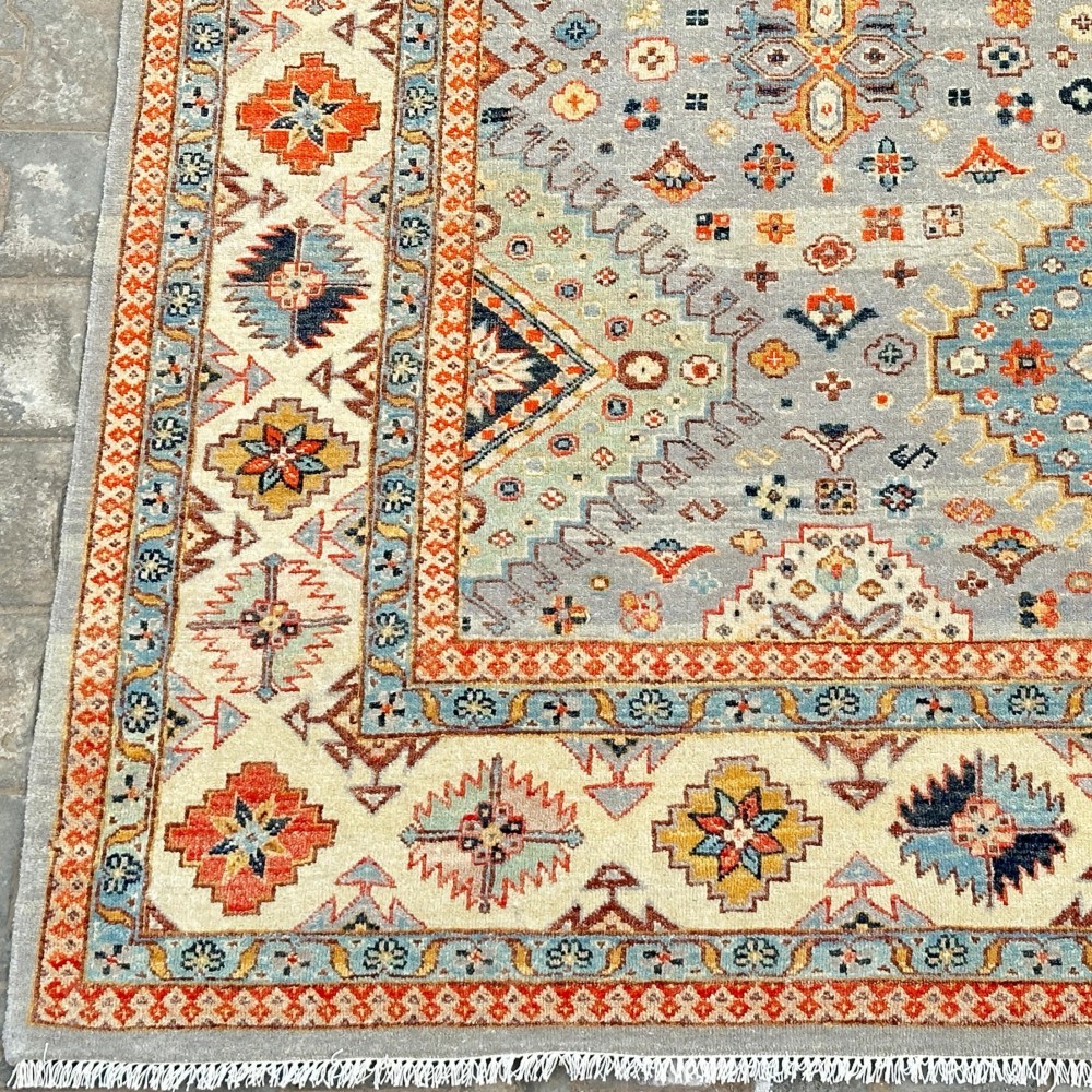 Modern Hand-Knotted Wool Area Rug for Living Room, Blue Geometric Medallion Design Carpet