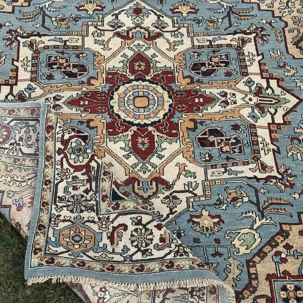 Modern Hand-Knotted Wool Area Rug for Living Room, Blue Geometric Medallion Design Carpet