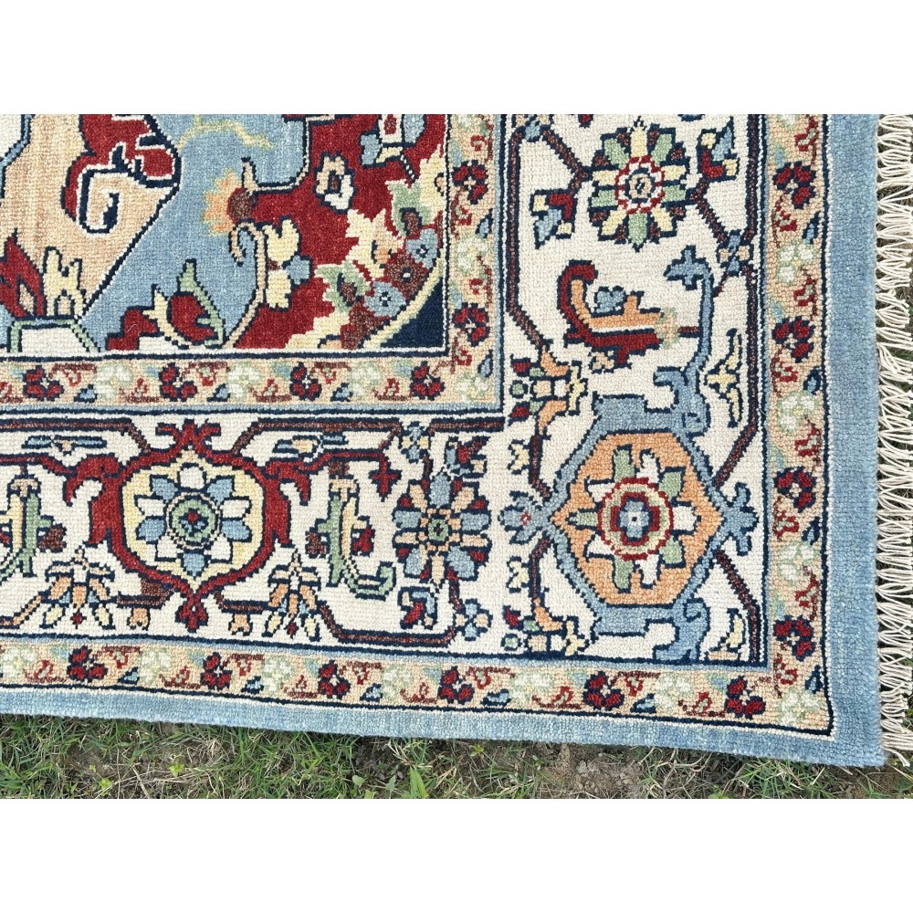 Modern Hand-Knotted Wool Area Rug for Living Room, Blue Geometric Medallion Design Carpet