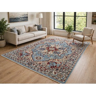 Modern Hand-Knotted Wool Area Rug for Living Room, Blue Geometric Medallion Design Carpet