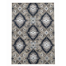 Hand-Knotted Wool Area Rug in Navy Blue and Taupe, Handmade Floral Motif Carpet for Living Room