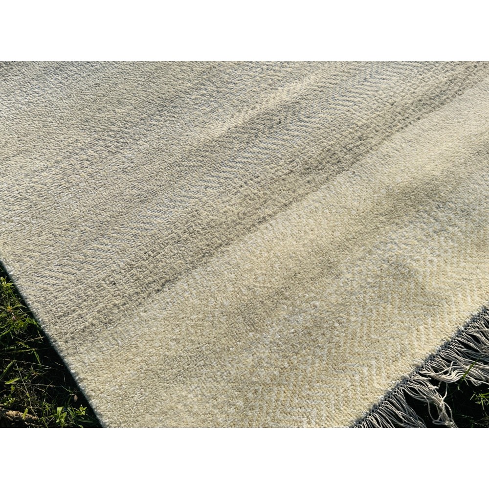 Minimalist Handmade Area Rug in Ivory. Hand-Knotted Wool and Bamboo Carpet
