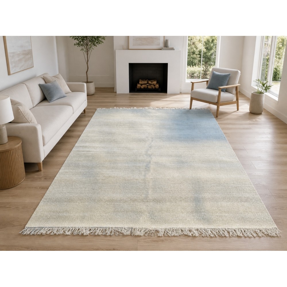 Minimalist Handmade Area Rug in Ivory. Hand-Knotted Wool and Bamboo Carpet