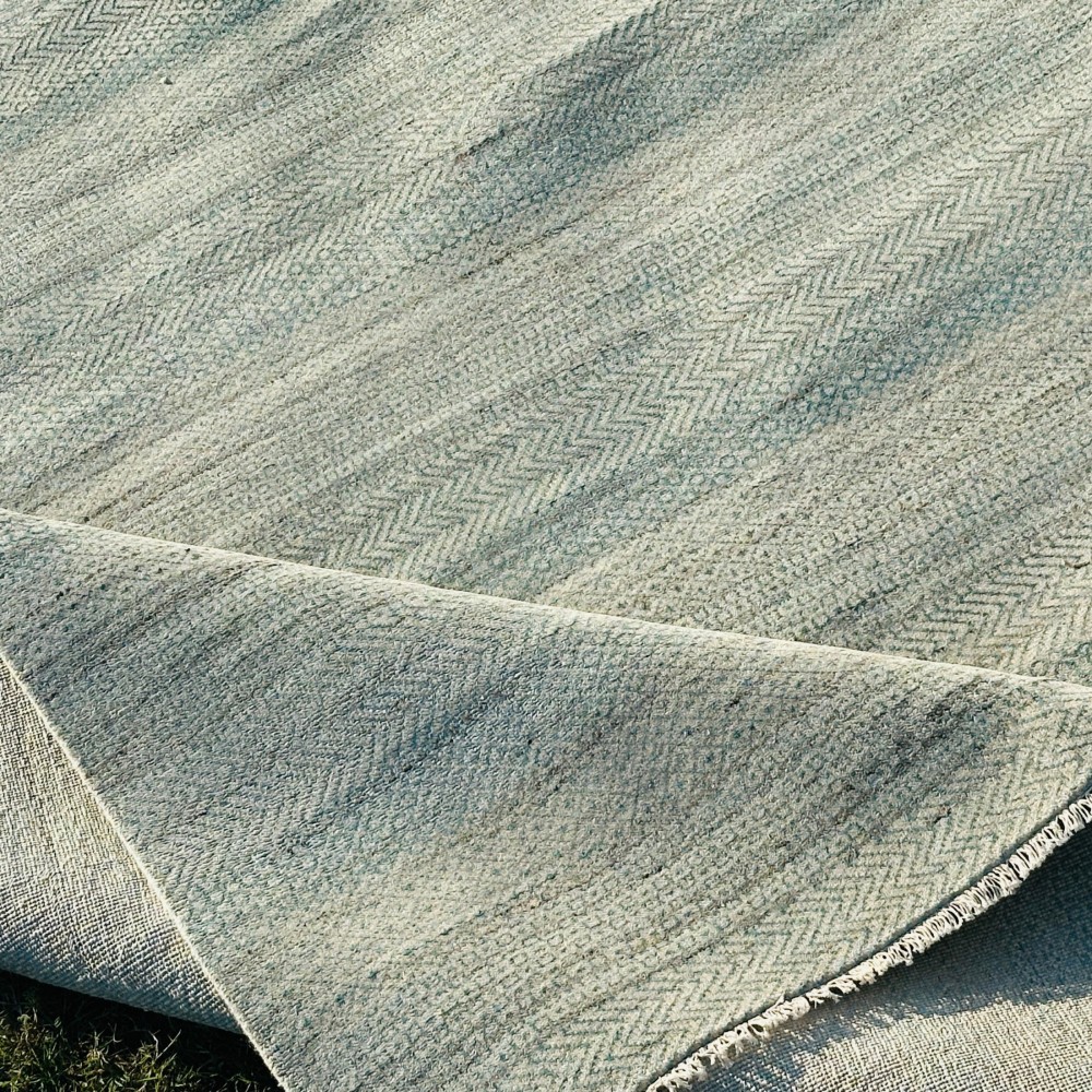 Minimalist Handmade Area Rug in Ivory. Hand-Knotted Wool and Bamboo Carpet