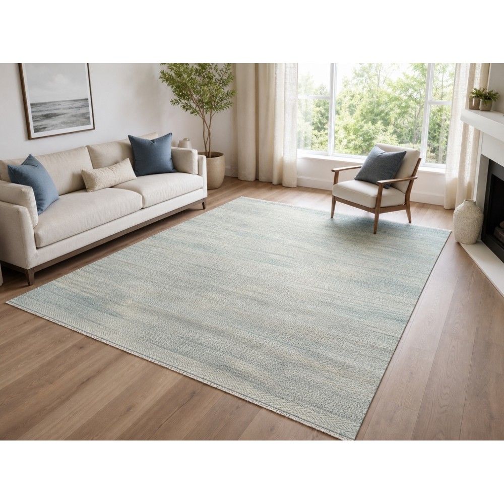 Minimalist Handmade Area Rug in Ivory. Hand-Knotted Wool and Bamboo Carpet