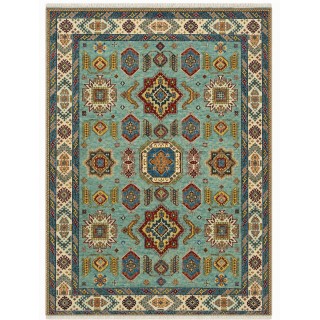 Contemporary Handmade Wool Area Rug, Turquoise Geometric Pattern Carpet for Living Room