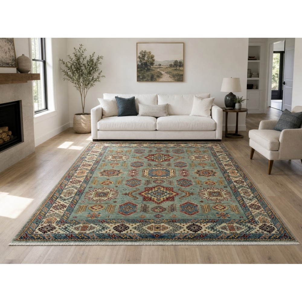 Contemporary Handmade Wool Area Rug, Turquoise Geometric Pattern Carpet for Living Room Contemporary Handmade Wool Area Rug, Turquoise Geometric Pattern Carpet for Living Room
