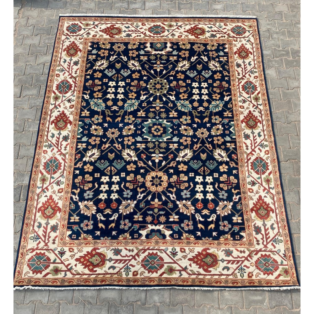 Contemporary Handmade Wool Area Rug, Navy Blue Floral Patterned Carpet for Living Room