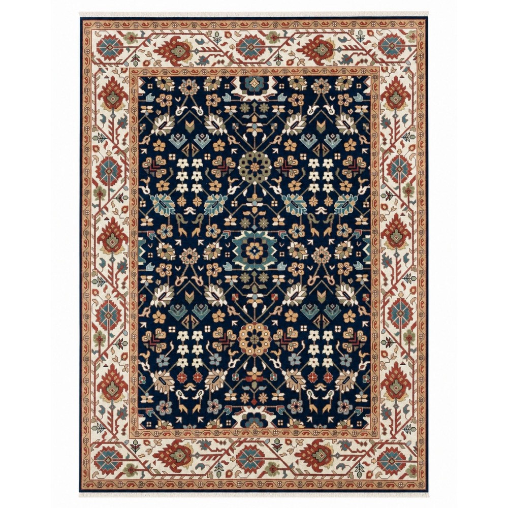 Contemporary Handmade Wool Area Rug, Navy Blue Floral Patterned Carpet for Living Room