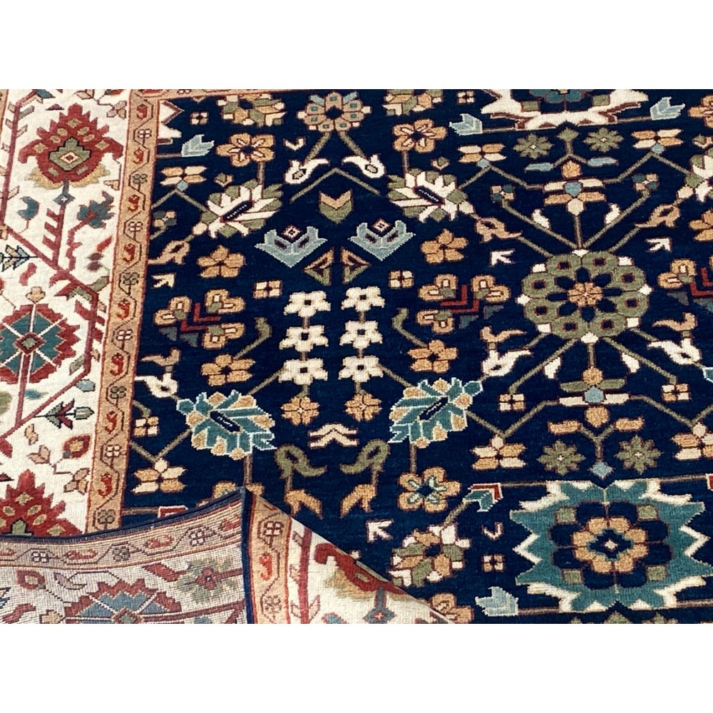 Contemporary Handmade Wool Area Rug, Navy Blue Floral Patterned Carpet for Living Room